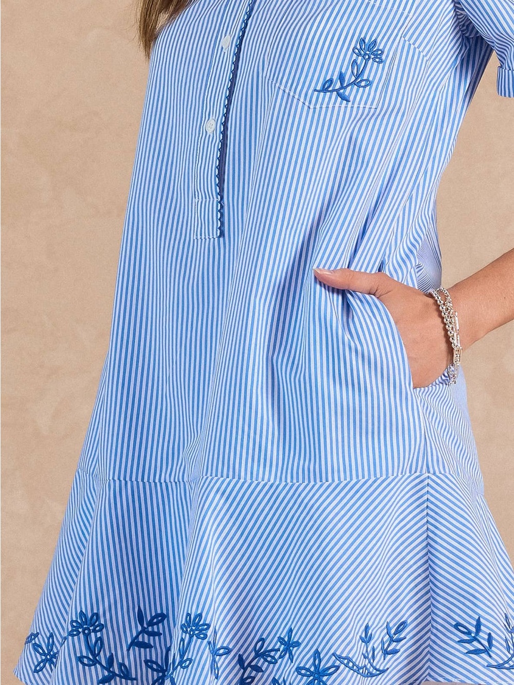 Striped Embroidered Mini Shirt Dress - Picture 5 of 5